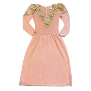Pat Sandler Wellmore Neiman Marcus Pink Beaded Knit Dress Vintage 70s Cocktail S